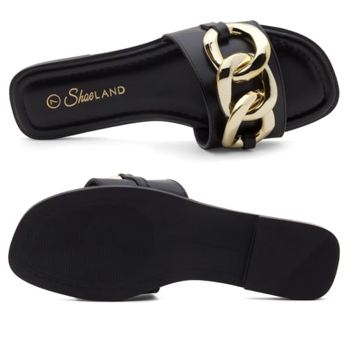 Shoe Land Women's Flat Sandals - Square Open Toe Single Band Fashion Slides with Metal Chain Dressy 2025 Trendy | Comfortable Slippers with Cushioned Footbed for Summer, Black, Size 6.0, Emma