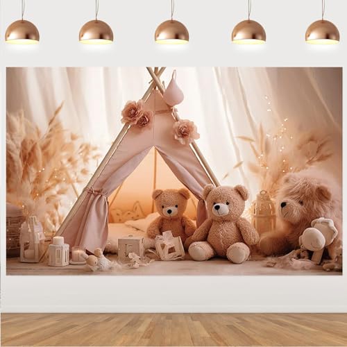 Vinyl Boho Birthday Party Photography Backdrop Camping Tent Toy Bear Kids Birthday Party Decoration Pampas Grass Baby 1st Birthday Background Baby Shower Wedding Baptism Background,5X3FT