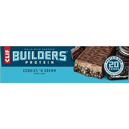 CLIF Builders - Cookies 'n Cream Flavor - Plant Based Protein Bars - Gluten Free - Non-GMO - Low Glycemic - 20g Protein - 2.4 oz. (12 Count)