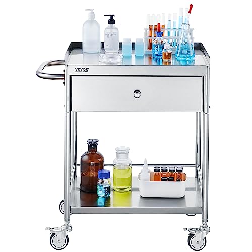 VEVOR Medical Cart, 2 Layers Stainless Steel Cart 220 lbs Weight Capacity, Lab Utility Cart with 360° Silent Wheels and a Drawer for Lab, Clinic, Kitchen, Salon, Silver