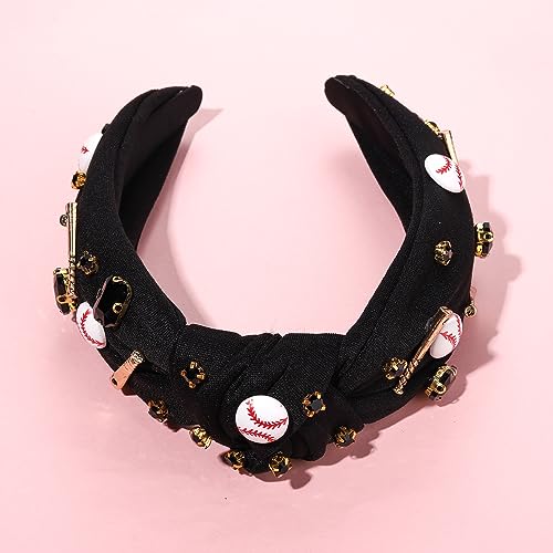 Baseball Knotted Headband for Women Sparkle Crystal Baseball Charm Headband Game Day Top Knot Hairband Baseball Mom Accessories Gift for Sports Fans