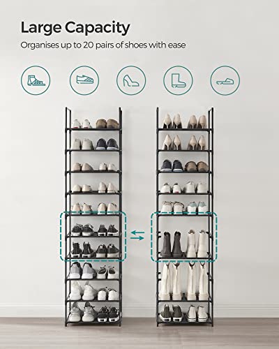 SONGMICS Shoe Rack, 10 Tier Shoe Shelf, Shoe Storage Organizer, Space-Saving, 11 x 17.7 x 68.1 Inches, Metal Frame, Non-Woven Fabric Shelves, for Entryway, Bedroom, Black ULSH010B02