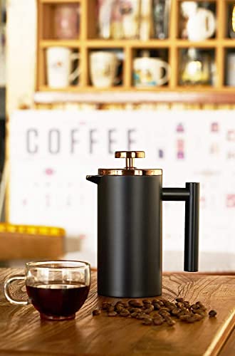 Miuly Stainless Steel Coffee Press, French Press Coffee Maker 12oz, Double Wall Insulated French Press 350ml with 2 Filter Mesh, Dishwasher Safe Coffee Pot, Black