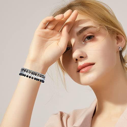 fastgo Beaded Bracelet Band Compatible with Apple Watch 45mm 44mm 42mm 49mm Women Series 7, Crystal Elastic Stretchy Strap for Iwatch SE & Series 9 Ultra 8 7 6 5 4 3 2 1(Black/Silver)