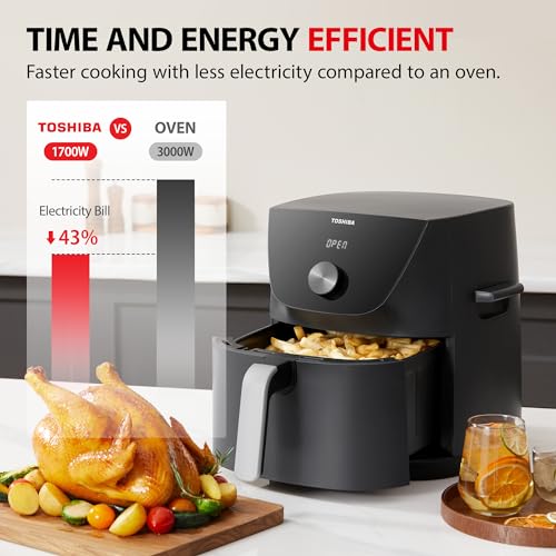 Toshiba 5.5QT Air Fryer with Heat-Q Technology, Quick and Easy Meals, 8 Preset Menus and Menu-IQ Function, 1-Degree Fahrenheit Precision, 90% Less Oil, Double-Sided Handles