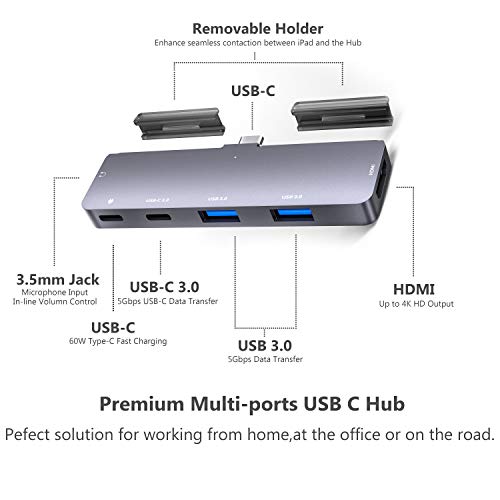 iPad Pro USB C Hub Adapter with 4K HDMI,3.5mm Jack,2 x USB3.0,PD 60W,USB C Data,SD/TF Card Slot,6in1 Adapter for M4 M2 M1 iPad Pro 11 12.9 2025-2018,iPad Air/Mini