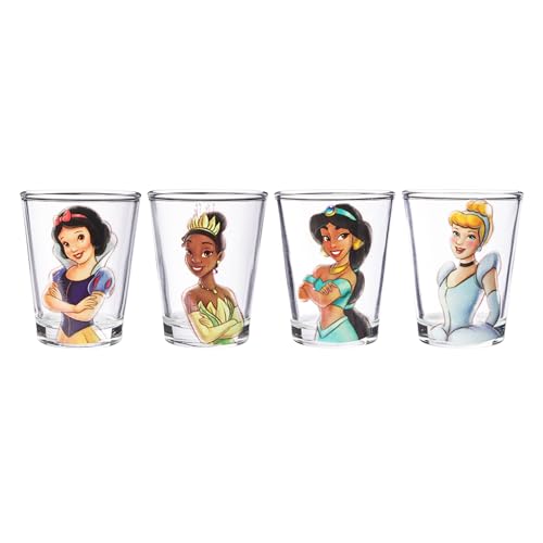 Silver Buffalo Disney Princess Vintage Sketch Mini Glasses 4 Pack Featuring Cinderella, Elsa, Snow White, and Jasmine, 1.5 Ounces