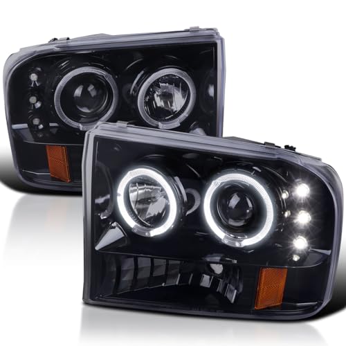 SPEC-D TUNING Halo Rim LED Glossy Black Housing Smoke Lens Projector Headlights Compatible with 1999-2004 Ford F-250/F-350/F-450/F-550 Super Duty, Left + Right Pair Headlamps Assembly