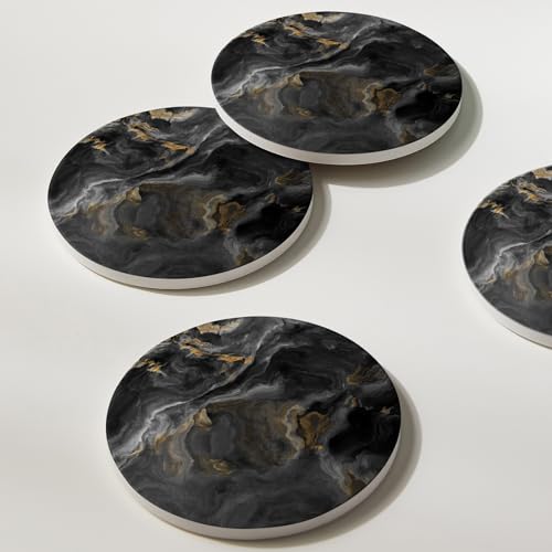 Hoomey Set of 6 Abstract Black Marble Coasters with Holder, Absorbent Ceramic Coasters for Drinks, Coasters with Cork Backing for Table Protection, Housewarming Gifts for New Home