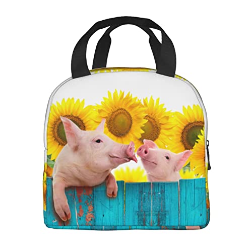 VOOHDDY Funny Pig Sunflower Wood Insulated Lunch Bag For Men Women Reusable Lunch Box Container Waterproof Portable Cooler Thermal Tote Bag For Work Office Picnic Beach Travel