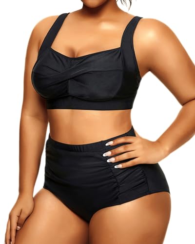 Daci Women's Plus Size Bikini Sets - High Waisted Two-Piece Swimsuits with Tummy Control Green Leave 26 Plus