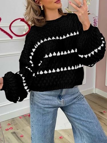 Saodimallsu Womens Oversized Sweaters Striped Long Lantern Sleeve Crew Neck Fall Trendy Knit Pullover Sweater Gray