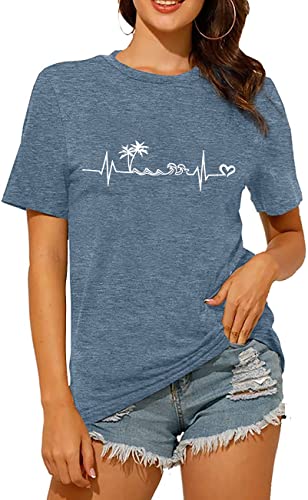 Beach Heartbeat T Shirt for Women Love Heart Graphic Tees Print Shirts Short Sleeve Casual Summer Vacation Tee Tops-Blue S