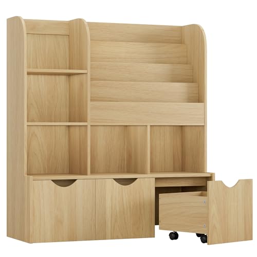 FOTOSOK 47'' Kids Bookshelf with Toy Storage, Multifunctional Bookcase with 5 Storage Cubbies and 3 Movable Drawers, Toy Storager Display Stand, Toy Organizer and Storage for Playroom,Bedroom, Natural