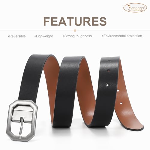 JASGOOD Women Reversible Leather Belt for Jeans Pants Fashion Leather Belt with Rotated Silver Buckle, A-Black/Brown