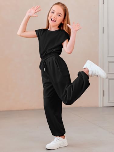 Haloumoning Girls Jumpsuits Kids Fashion Crewneck Elastic Waist Long Pants Rompers with Pockets 5-14 Years