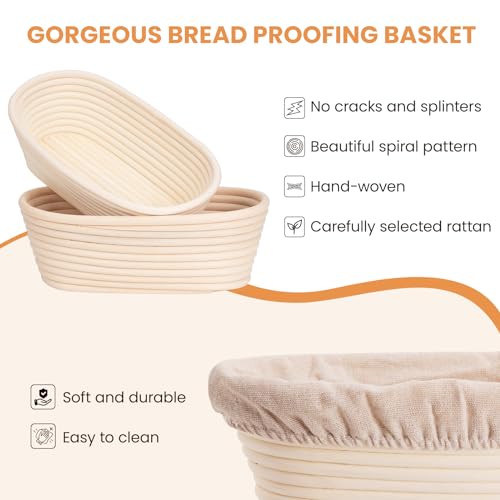 KIKCOIN Banneton Bread Proofing Basket, 10 Inch Oval Sourdough Bread Baking Supplies, Sourdough Proofing Basket Set of 2, Sourdough Starter Kit with Bread Lame, Linen Liner, Metal Scraper