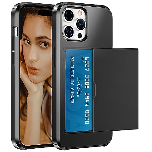 Phone Case Compatible with iPhone 15 Pro Max Wallet Case with Credit Card Holder ID Card Slot Shockproof Hard PC TPU Slide Flip Protective Cover for 15 Pro Max 6.7 inch(Black)