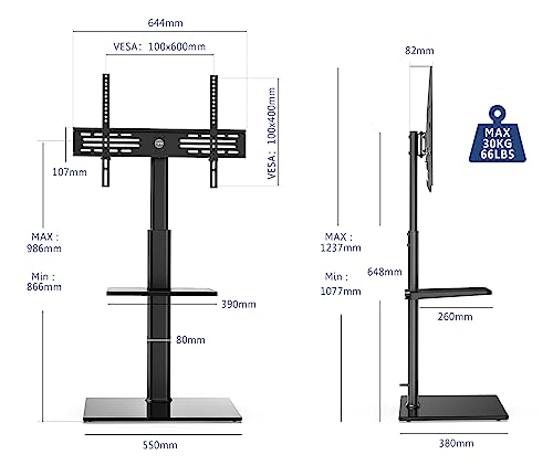 FITUEYES Universal TV Stand for 32 39 40 43 49 50 55 60 Inch TVs, TV Floor Stand with Swivel Mount, Max Holds 66lbs, Black Glass Base, Height Adjustable, Perfect for Corner & Bedroom…