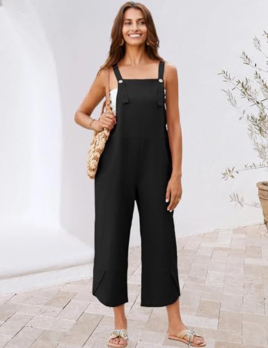 UANEO Womens Cotton Adjustable Casual Summer Bib Overalls Jumpsuits with Pockets (Black, Small)