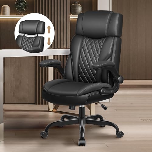 BestGlory Office Chair Flip Up Arms, Executive Leather Office Chair Ergonomic Desk Chair with Lumbar Support, Adjustable Headrest, Computer Chair Home Office Desk Chair with Rocking Function