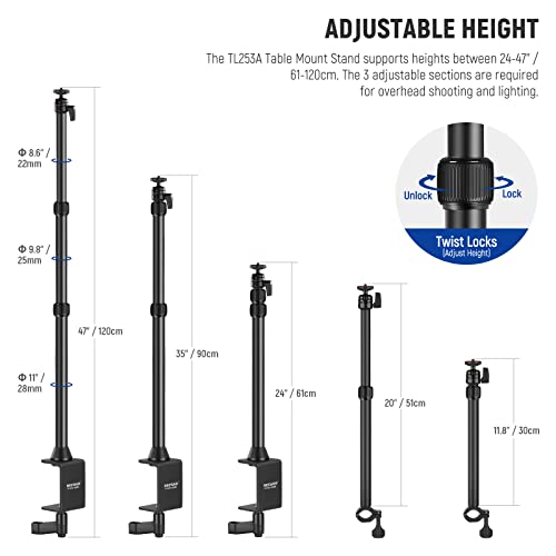 NEEWER TL253A+DS001 Table Camera Tripod with 2 Telescopic Arms, Phone Holder, Ball Heads, Screw Adapter, Table Light Stand for Camera, Mobile Phone, Webcam, Ring Light