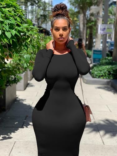 XXTAXN Women's Sexy Bodycon Long Sleeve Round Neck Work Office Midi Pencil Dress Black