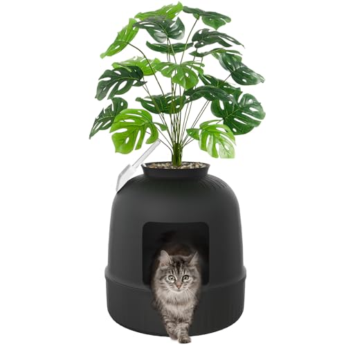 Lifewit Litter Box Cat with Faux Plant & Scoop(Random Color), Hidden Enclosure Litter Tray with Odor Control & Carbon Filter in Living Room/Bedroom/Bathroom Corner, Black