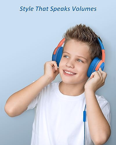 ELECDER Kids Headphones, S8 Wired Headphones for Kids with Microphone for Boys Girls, Adjustable 85dB/94dB Volume Limited, 3.5 mm Jack for School/Kindle/Smartphones/Tablet/Airplane Travel(Blue/Red)