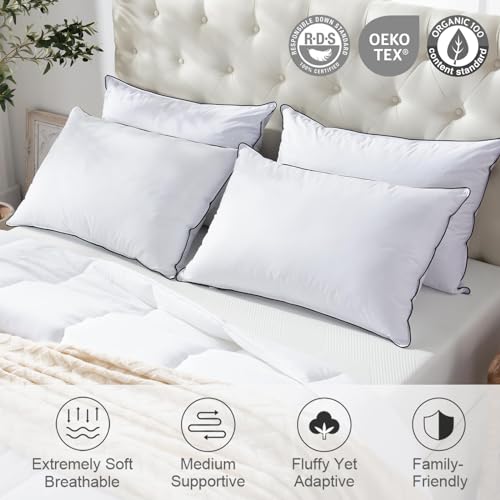 APSMILE Medium Firm Feather Down Pillows Standard Size Pack of 1, Luxury Goose Feather Pillow for Sleeping, 600TC/DM Organic Cotton Cover Hotel Collection Bed Pillows (White, 20"x26")