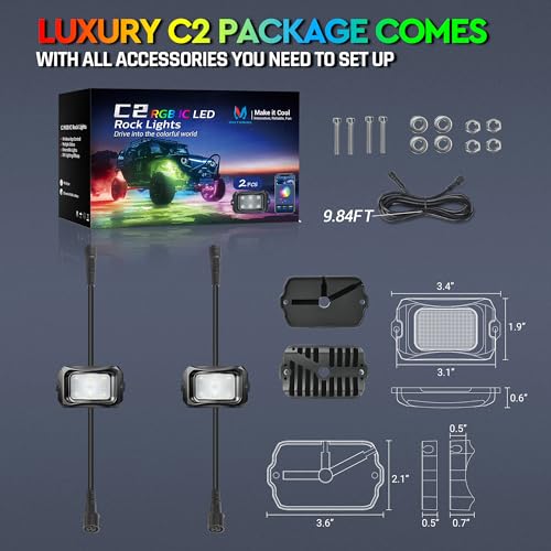 MICTUNING C2 Max RGB+IC Chasing Color LED Rock Lights - 8 Pods Underglow Lighting Kit, Dynamic Lighting Modes, Extensible Up to 24 Pods with Stable APP Control, IP68 Waterproof, DIY Effect