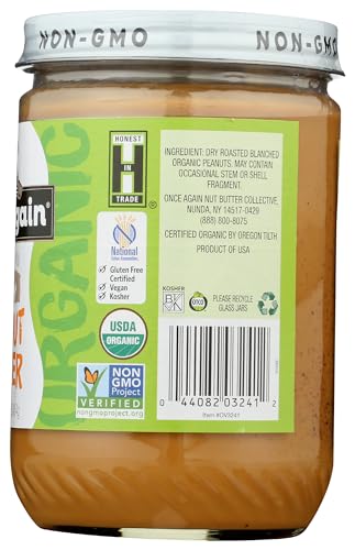 Once Again Organic Creamy Peanut Butter, 16oz - Salt Free, Unsweetened - USDA Organic, Gluten Free Certified, Vegan, Kosher - Glass Jar