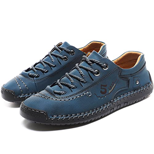 FiveStoresCity Mens Casual Shoes Summer Breathable Sneakers Loafers Walking Shoes Handmade Lace-Up Leather Dress Flats Shoes for Driving Business Working Office Blue Size 7.5