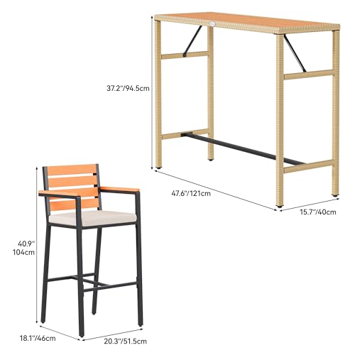 YITAHOME 3-Piece Outdoor Patio Bar Table Set, Outdoor Wicker Patio Bar Height Bistro Furniture Set w/Chairs and Plastic Wood Tabletop for Dining, Patios, Backyard, Gardens and Balcony, Light Brown