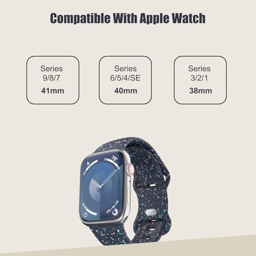 MoKo Watch Strap Compatible with Apple Watch Series 9 8 7 6 5 4 3 2 1 SE 38/40/41mm, Colorful Flakes Pattern Silicone Band Replacement Sport Wristband, Dark Blue