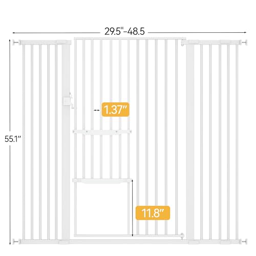 YITAHOME Extra Tall 55" High Metal Dog Gate with Cat Door, 29.5"- 48" Wide Auto Close Pet Gate Indoor for Stairs, Doorways, House, No Drilling Pressure Mount, Sturdy, White