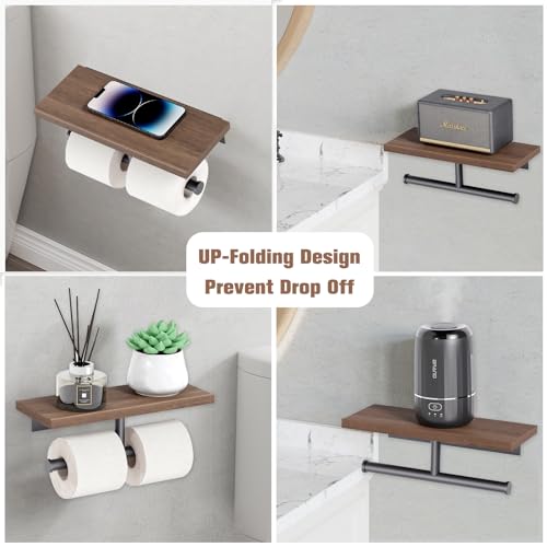 Tindbea Toilet Paper Holder with Wood Shelf, Wooden Wall Mount Tissue Paper Roll Holder, Matte Black Stainless Steel Bathroom Accessories Decor for Household Home Apartment Restroom Essential (Wenge)