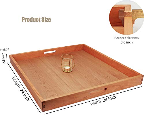 MAGIGO 24 x 24 Inches Large Square Cherry Wood Ottoman Tray with Handles, Serve Tea, Coffee or Breakfast in Bed, Classic Wooden Decorative Tray