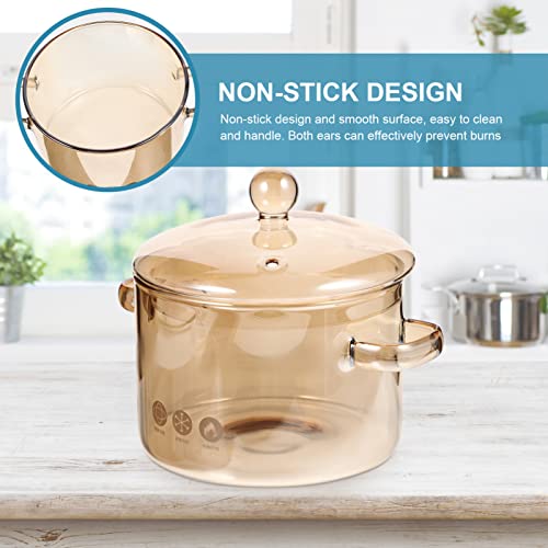 Vaguelly Glass Pot, Clear Glass Cooking Pot Saucepan with Lid, 1500mL Simmer Pot Stew Pot Microwave Stove and Dishwasher Safe Double-Handle Cookware for Milk Pasta Noodles Soup, Amber