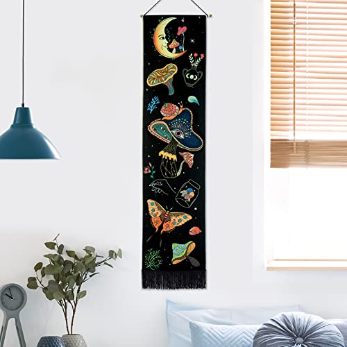 Racunbula Mushroom Tapestry Blacklight Sun Moon Tapestry Vertical Floral Butterfly Tapestry Galaxy Stars Tapestry Hippie Abstract Tapestry Wall Hanging for Bedroom (Moon)