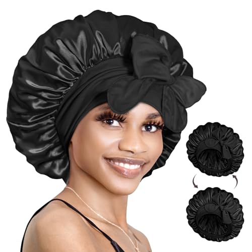 BONNET QUEEN Large Silk Bonnet for Sleeping Satin Bonnet Big Hair Bonnet Jumbo Braid Bonnet Double Layer Tie Bonnets Night Hair Wrap for Women Curly Hair Black