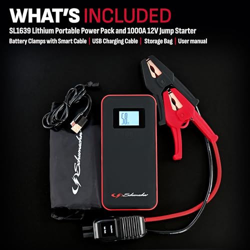 Schumacher Electric SL1639 Lithium Portable Power Pack and Jump Starter for Car, Motorcycle, Truck, and Boat Batteries, 1000 Amps, 12 Volt, Red and Black, 1 Unit