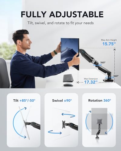 HUANUO Single Monitor Mount, 13 to 32 Inch Gas Monitor Arm, Adjustable Stand, Vesa Mount with Clamp and Grommet Base - Fits 4.4 to 19.8lbs LCD Computer Monitors