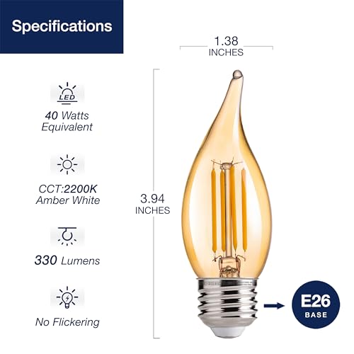 FLSNT CA11 E26 LED Candelabra Bulbs, Dimmable LED Chandelier Light Bulbs, 40W Equivalent, 2200K Warm White Light, 330LM, Amber Glass Finishing, 6 Pack