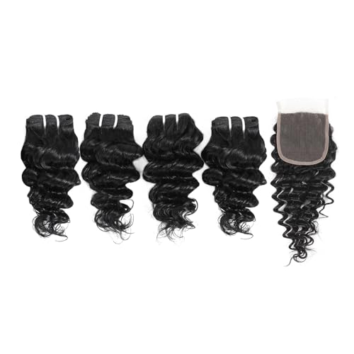 JTdebade Deep Wave Human Hair bundles 14 Inch 12A Grade Brazilian Human Hair 100% Virgin Weave Bundles Human Hair for Black Women (14 Inch Deep*4+16 Inch Closure *1)