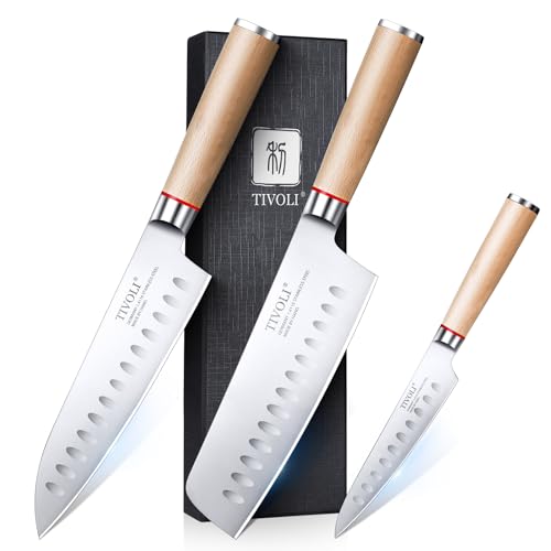 TIVOLI Chef Knife Set Professional Kitchen Knife Set 3PC Stainless Steel Japanese Knife Set with Gift Box Cooking Knife Set with Ultra Sharp Blade & Wooden Handle(Nakiri Knife,Chef Knife,Paring Knife)