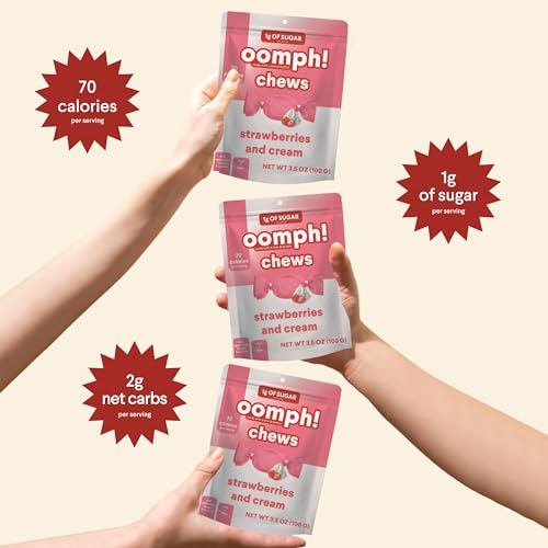 Oomph! Sweets Creamiscle Chews, Vegan Taffy Candy, Low Carb, Low Sugar, High Fiber, Keto-Friendly, Plant-Based Gluten Free Dessert (Strawberries & Cream; 3-Pack x 10 pc per 3.5oz bag)