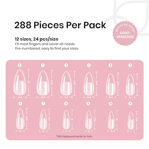 Beetles Gel Nail Tips Long Coffin Pre-Etched Nail Tips, 12 Sizes 288Pcs Pre Shaped Clear Gel Nail Tips Full Cover False Nail Tips Acrylic Glue on Nails Extension Fake Nails Manicure Gifts for Women