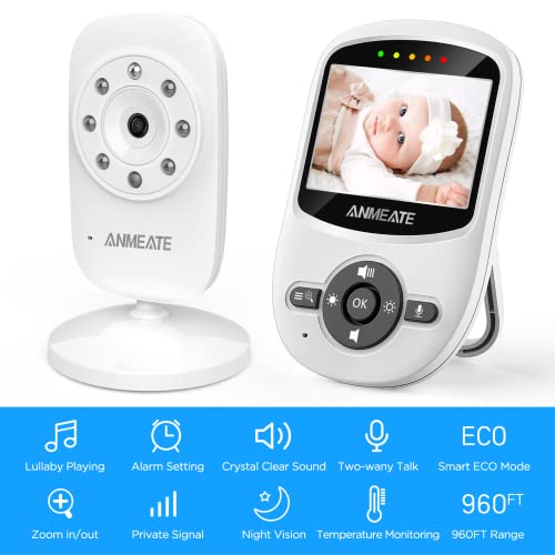 ANMEATE Video Baby Monitor with Digital Camera, Digital 2.4Ghz Wireless Video Monitor with Temperature Monitor, 960ft Transmission Range, 2-Way Talk, Night Vision, High Capacity Battery（1 Camera）