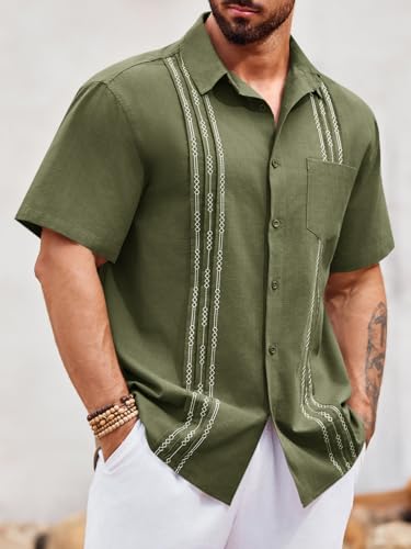 Runcati Mens Linen Shirt Guayabera Cuban Short Sleeve Button Down Summer Beach Hippie Shirts Beige